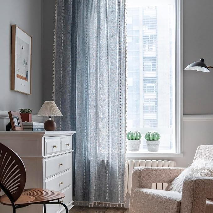 ColorBird Blue Boho Curtains Linen-Textured for Living Room Bedroom Light Filtering 84 Inches 2 Panels Farmhouse Embroidered Striped Curtains & Drapes for Nursery Dining Room Closet Window Treatments