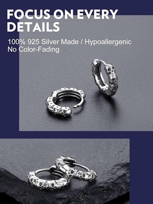 Bandmax 925 Sterling Silver Black Huggie Hoop Earrings 10mm Small Hypoallergenic Cartilage Piercing Jewelry for Women Men Gift