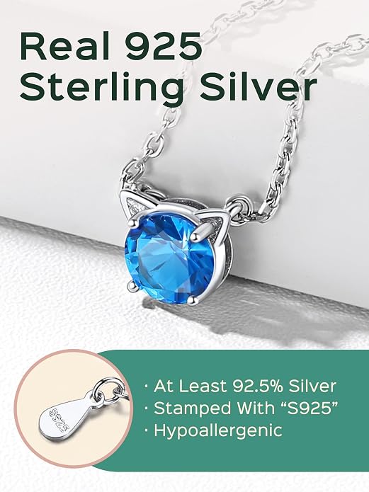 ChicSilver Bow and Cat Birthstone Necklace, 925 Sterling Silver Pendant Necklaces for Women, Hypoallergenic Silver Choker with 16 inch Rolo Chain, 12 Months Jewelry for Valentines Mothers Day Christmas