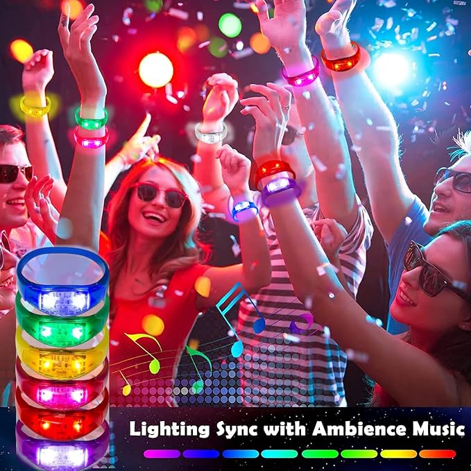 24 Pcs LED Glow Bracelets Sound Activated Flashing Light Up Bracelet for New Years Eve Glow in the Dark Party Supplies Christmas Party Favors Birthday Gift Carnival Concerts Night Events