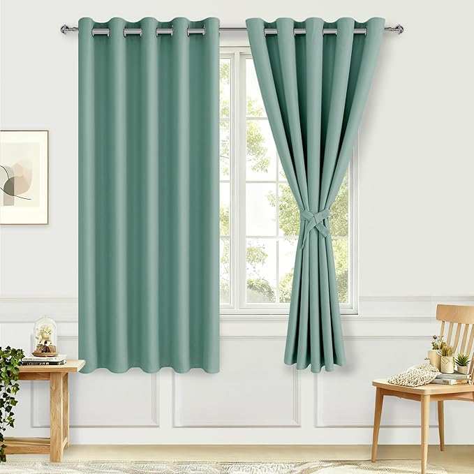 Hiasan Blackout Curtains for Bedroom, 60 x 63 Inches Length - Thermal Insulated & Noise reducing Window Curtains for Living Room, 2 Drape Panels Sewn with Tiebacks, Sage Green