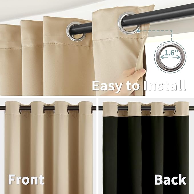 BGment Thermal Insulated 100% Blackout Curtains for Bedroom with Black Liner, Double Layer Full Room Darkening Noise Reducing Grommet Curtain (60 x 63 Inch, Beige, 2 Panels)