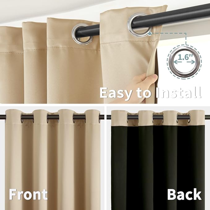 BGment Thermal Insulated 100% Blackout Curtains for Bedroom with Black Liner, Double Layer Full Room Darkening Noise Reducing Grommet Curtain (52 x 63 Inch, Beige, 2 Panels)