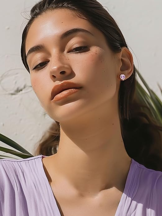 Silvora 925 Silver 8MM Cubic Zirconia Birthstone Clip On Stud Earrings Round Non Pierced Earrings For Women,Come with Box