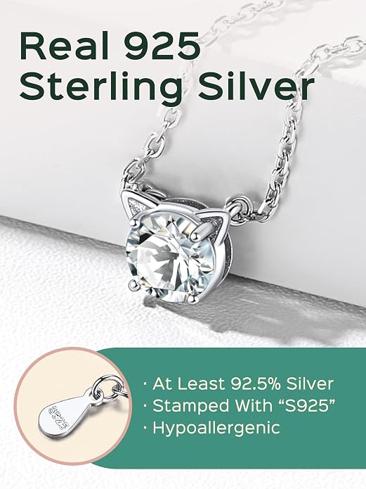 ChicSilver Bow and Cat Birthstone Necklace, 925 Sterling Silver Pendant Necklaces for Women, Hypoallergenic Silver Choker with 16 inch Rolo Chain, 12 Months Jewelry for Valentines Mothers Day Christmas