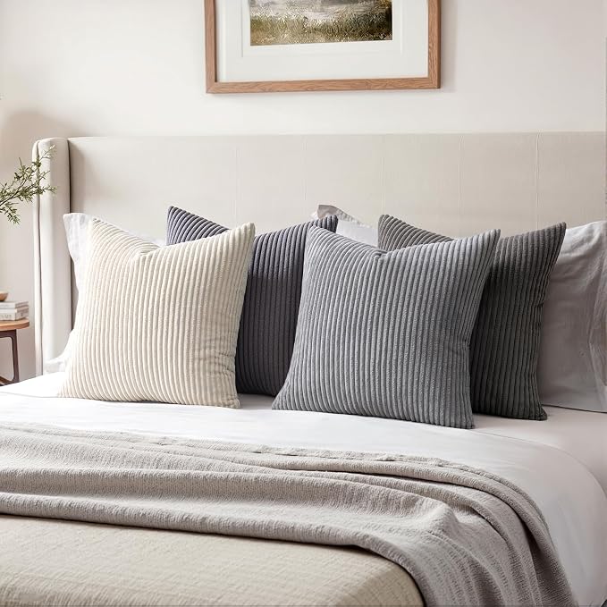 EMEMA Neutral Grey Decorative Throw Pillow Covers 20x20 Inch Set of 4 Boho Farmhouse Corduroy Striped Square Pillow Case,Western Modern Cushion Covers for Couch Bed Livingroom Home Decor