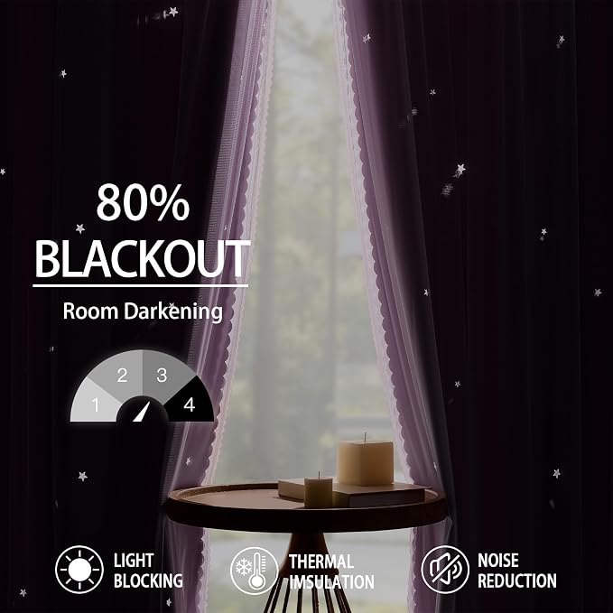 XiDi Lilac Purple Blackout Curtains for Kids Bedroom 72 Inches Long 2 Panels Nursery Curtains Girls Room Darkening Double Layer Window Drapes for Toddler Grommet Window Treatments 52 x 72 Inch
