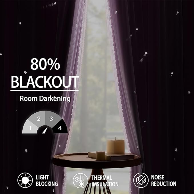 XiDi Purple Curtains for Girls Bedroom 2 Panels 72 Inches Long Hollow-Out Star Kids Nursery Blackout Curtains Princess Mermaid Wall Decor Double Layer Grommet Window Drapes Lilac Purple W34 x L72