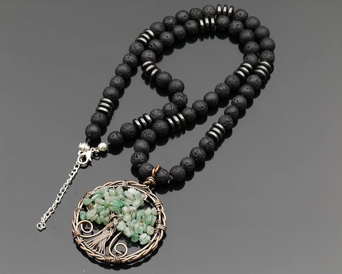 ElisaJewelryArt - Natural Labradorite Big Tree Of Life Black Lava Stone Beaded Necklace Genuine Gemstone Energy Stone Clasp Closure Necklace Unisex Necklace