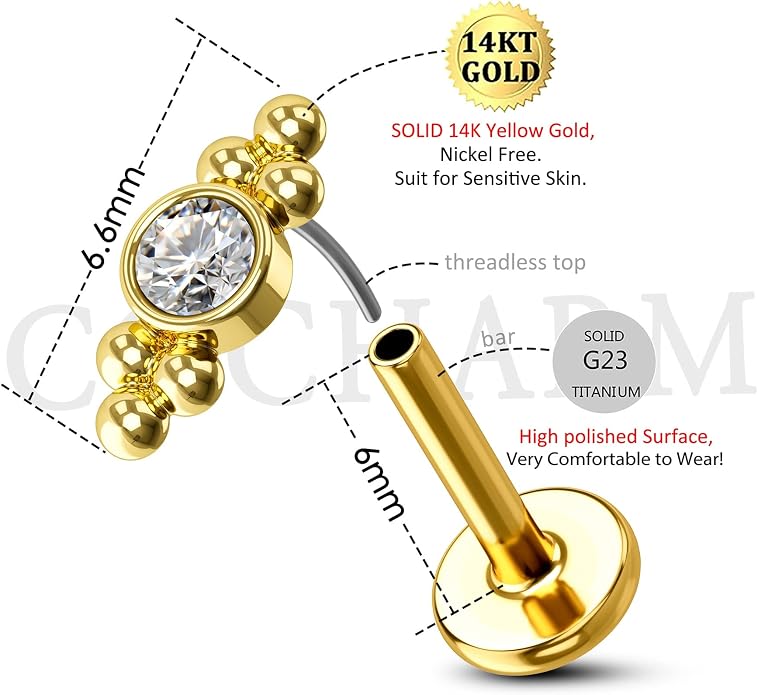 COCHARM 14K Solid Gold Cartilage Earring Stud 16g Yellow Gold Flat Back Helix Stud 14K Gold Push in Tragus Earring Stud Threadless Labret Stud Labret Rings