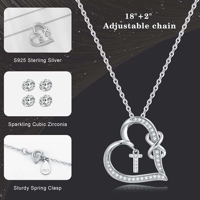 Infinity Heart Necklaces for Women, S925 Sterling Silver Initial Necklace Womens Jewelry Mothers Day Gifts Girls Valentines Gifts for Her Christmas Birthday Gifts for Women Mom Wife Girlfriend