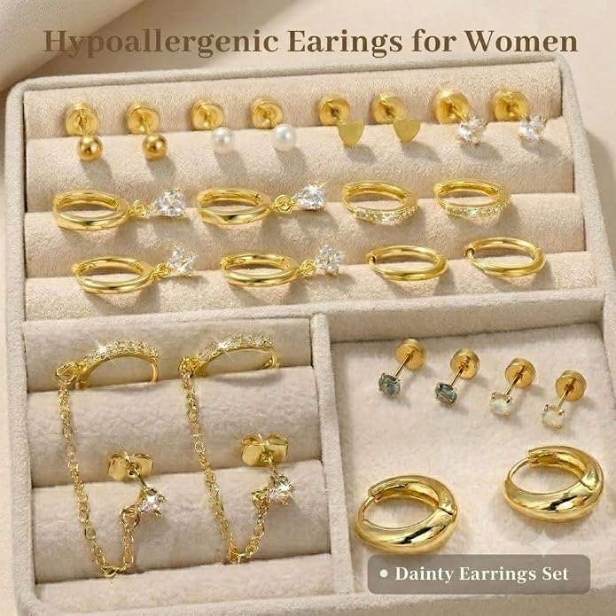 Incaton Hypoallergenic Flat Back Earrings for Women 14K Gold Stainless Steel Earrings for Sensitive Ears 20G Cartilage Earring Stacks Huggie Hoops Flatback Stud Earring Sets for Multiple Piercing Silver