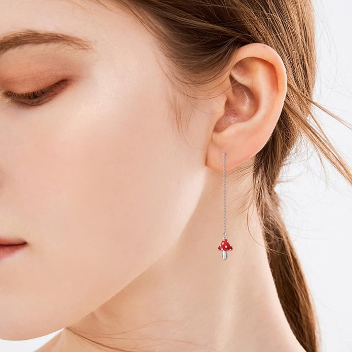 TIGERRIDER Mushroom/Daisy Flower Threader Earrings for Women Sterling Silver Mushroom Through Long Chains Earrings Jewelry Birthday Gifts