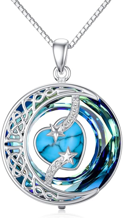 TOUPOP Birthstone Necklace 925 Sterling Silver Moon and Star Pendant Celtic Moon Jewelry with Blue Crystal Anniversary Birthday Gifts for Women Mom Wife Her