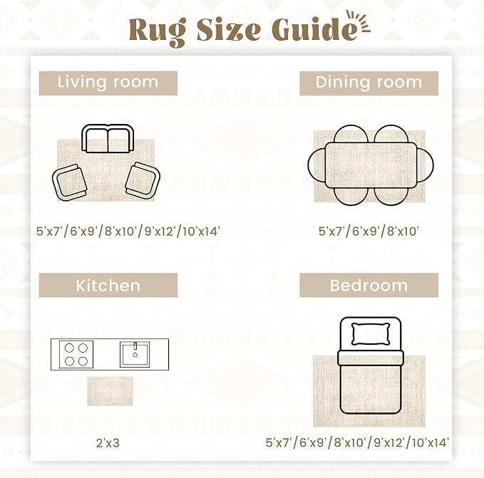 Living Room Rugs 10x14: Washable Moroccan Geometric Boho Rug Farmhouse Non Slip Stain Resistant Large Rug Low Pile Soft Carpet for Bedroom Dining Room Kids Room (Beige,10x14)
