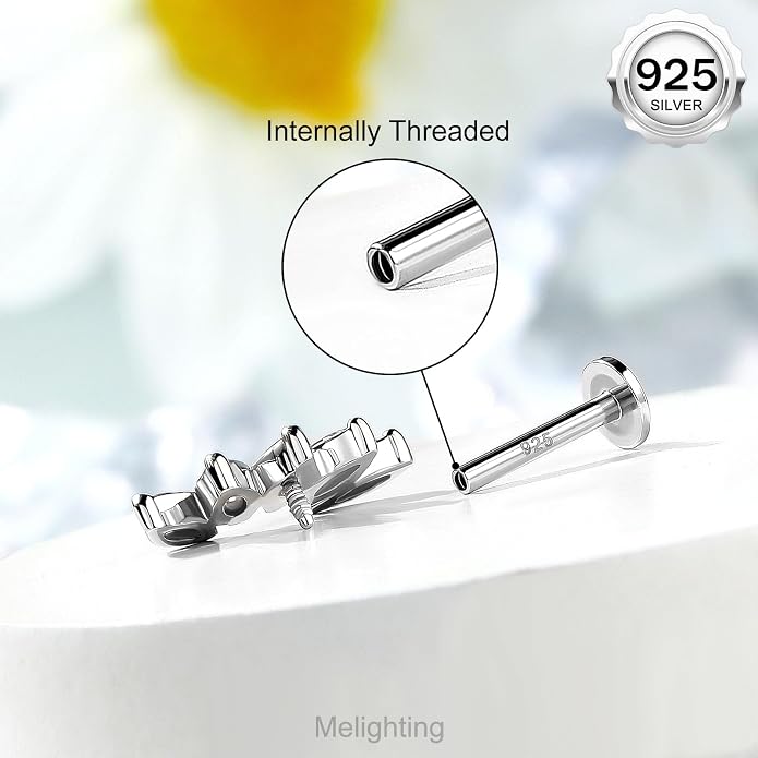 Melighting 16G Curved Helix Earring, Sterling Silver 925 Tragus Conch Stud Internally Threaded, Clear Marquise Round CZ Flat Back Lobe Labret Cartilage Piercing Jewelry for Women 6/8 mm