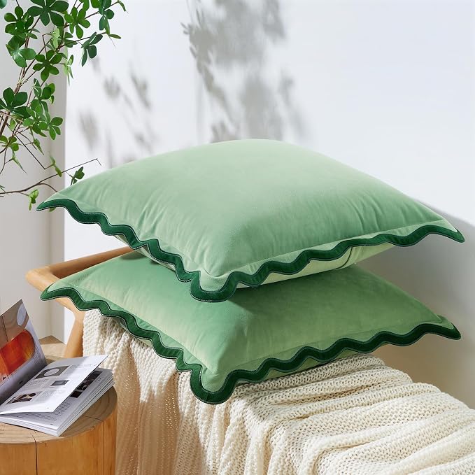 MONDAY MOOSE Decorative Throw Pillow Covers Cushion Cases, Set of 2 Soft Velvet Scalloped Wavy Edge Designs, Mix and Match for Home Decor, Pillow Inserts Not Included (16x16 inch, Green/Light Green)