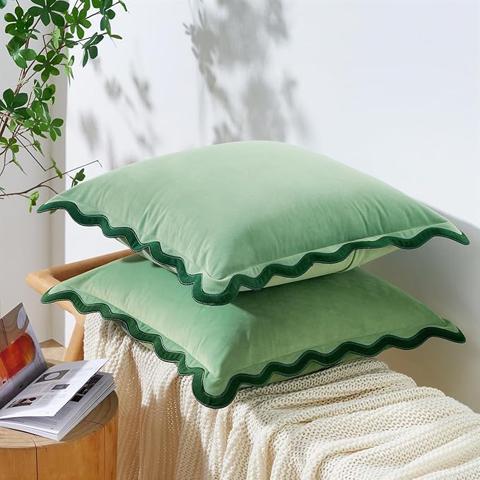 MONDAY MOOSE Decorative Throw Pillow Covers Cushion Cases, Set of 2 Soft Velvet Scalloped Wavy Edge Designs, Mix and Match for Home Decor, Pillow Inserts Not Included (20x20 inch, Green/Light Green)