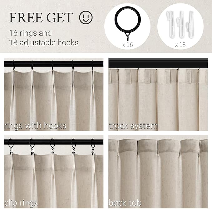 Pinch Pleated 72 Inch Curtains 2 Panels for Living Room Oatmeal Linen Curtains 72 Inches Long Pinch Pleat Drapes for Track System Light Filtering Semi Sheer Curtains for Living Room Bedroom,Brich
