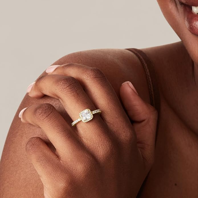 PAVOI 14K Gold Plated Halo Ring | Heart Ring for Women | Square Round Valentines Day Love Promise Rings for Her