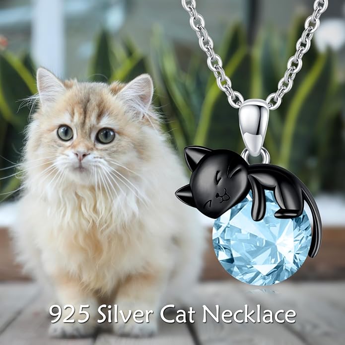 Cat Necklace Sterling Silver Cat Zircon Pendant Gothic Jewelry for Women Animal Lovers Gifts