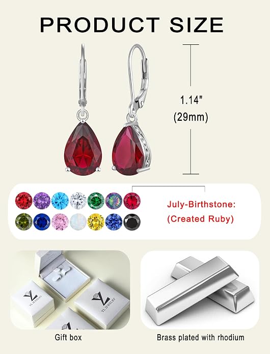 YL Solitaire Dangle Drop Earrings Teardrop Leverback Earrings Brass 8X12 MM Birthstone Jewelry for Women