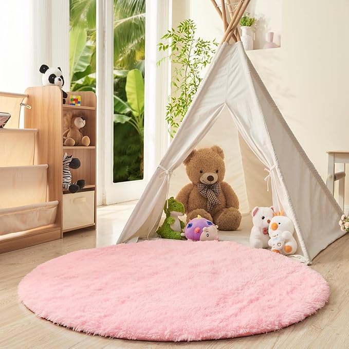OPPODREAM 5ft Pink Circle Rug for Bedroom, Ultra-Soft Round Rugs 5-ft for Living Room, Fluffy Carpet for Nursery, Kids, Girl, Boy, Baby, Plush, Fuzzy, Shag, Shaggy, Cute Home Decor