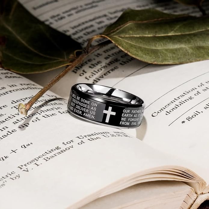 King Will Stainless Steel Men Ring Lord's Prayer Cross Ring Stainless Steel Men Wedding Ring, Wedding Band Bible Engraved Rings High Polished, Comfort Fit