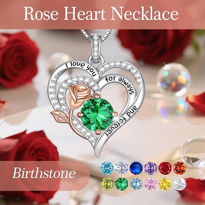 Birthstone Heart Necklaces for Women 925 Sterling Silver Fine Jewelry Rose Pendant Necklace Anniversary Birthday Mothers Day Gifts Her Wife Women Mom Daughter