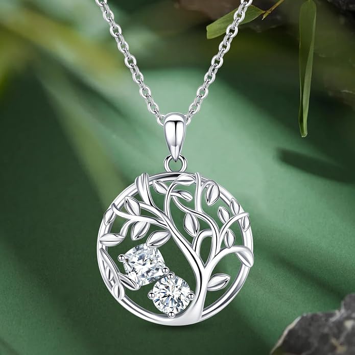 Tree of Life Birthstone Necklace for Women 925 Sterling Silver Birthstone Pendant 12 Months Necklaces with Zircon Birthday Gifts for Women, Mom, Grandma Cable Chain 18"+2"