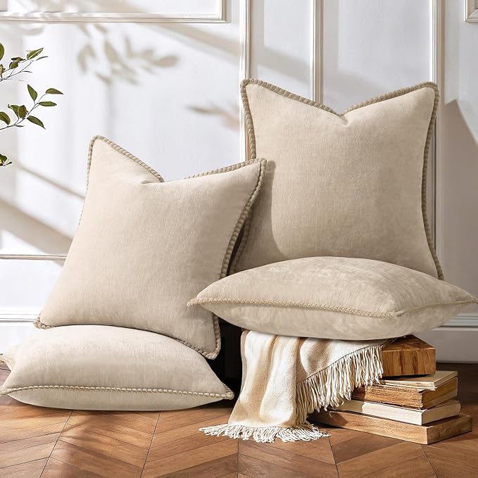 decorUhome Fall Soft Decorative Chenille Throw Pillow Covers 18x18 Set of 4 | Beige Cozy Decorative Modern Farmhouse Neutral Pillow Cases with Stitched Edge for Couch Sofa Bed Living Room Home Decor