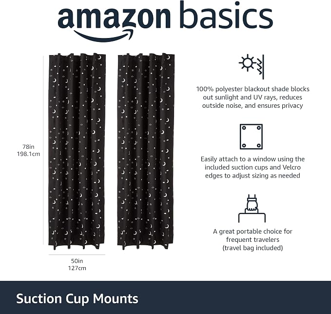 Amazon Basics Portable Blackout Curtain Shade with Suction Cups for Window, Noise Reducing, Energy Saving, 50"W x 78"L, Moon and Stars, 2-Pack