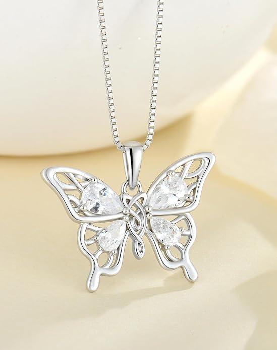 Butterfly Necklace 925 Sterling Silver Celtic Knot Pendant Teardrop Birthstone Twisted Jewelry for Women