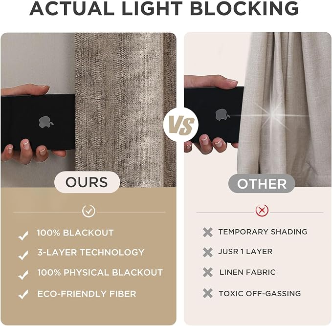 Joydeco 100% Blackout Curtains for Bedroom - Nature Linen 84 Inch Long Light Blocking 2 Panels Set, Rod Pocket & Back Tabs Living Room Drapes, Thermal Insulated Room Darkening Window Curtains