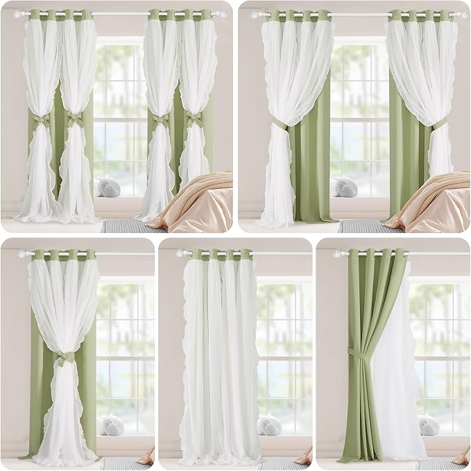 PONY DANCE Blackout Curtains for Whimsical Forest Teen Room，Double Layer Drapes Ruffle Sheer Overlay Farmhouse Rustic Design, W 52 x L 84 Inches, Meadow Green, 2 Panels
