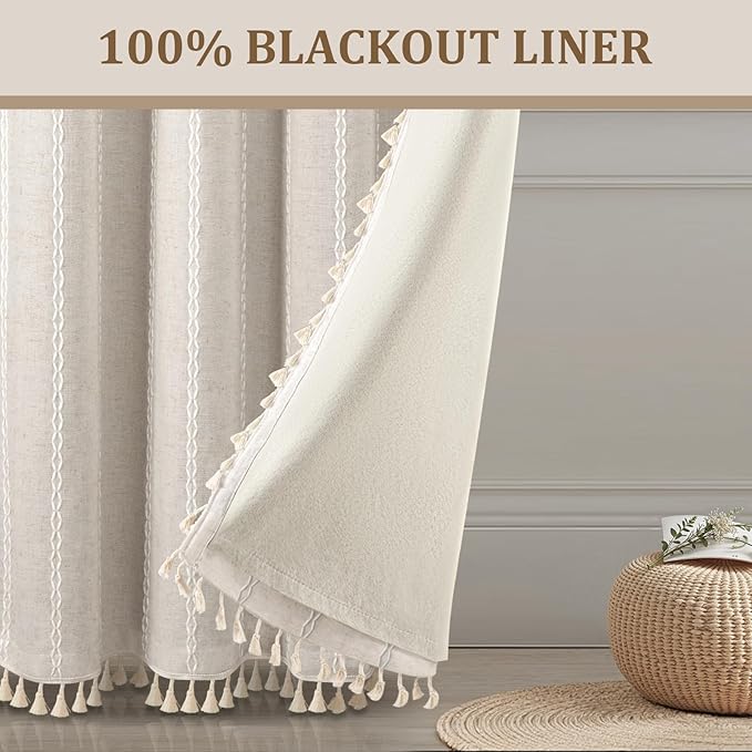 Ivory Boho Blackout Curtains 2 Panels 63 Inch for Living Room Bedroom, Beige Linen Texture Farmhouse Curtains with Tassels and Cotton Embroidery Vintage Rustic Western Rod Pocket
