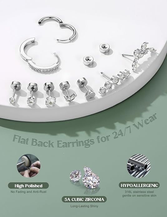 LOLIAS Hypoallergenic Flat Back Earrings-Cartilage Earring Stacks-Surgical Steel Earrings for Sensitive Ears - Small Stainless Steel Flatback Stud Hoop Earring Sets for Helix Tragus Conch Daith Multiple Piercing Jewelry Trendy