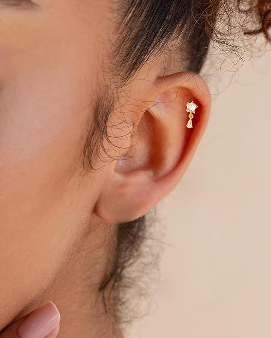 COCHARM 14K Gold Plated Cartilage Earrings Stud 16G Dangle Star 925 Sterling Silver Helix Tragus Earrings Surgical Steel Flat Back Earrings Dangly