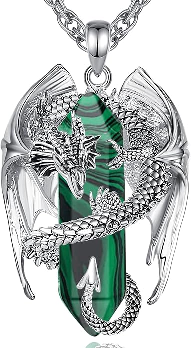 INFUSEU Unique Dragon Necklaces with Healing Crystal Stone for Men Women, Personalized Spiritual Gifts, 24 Inch Chain
