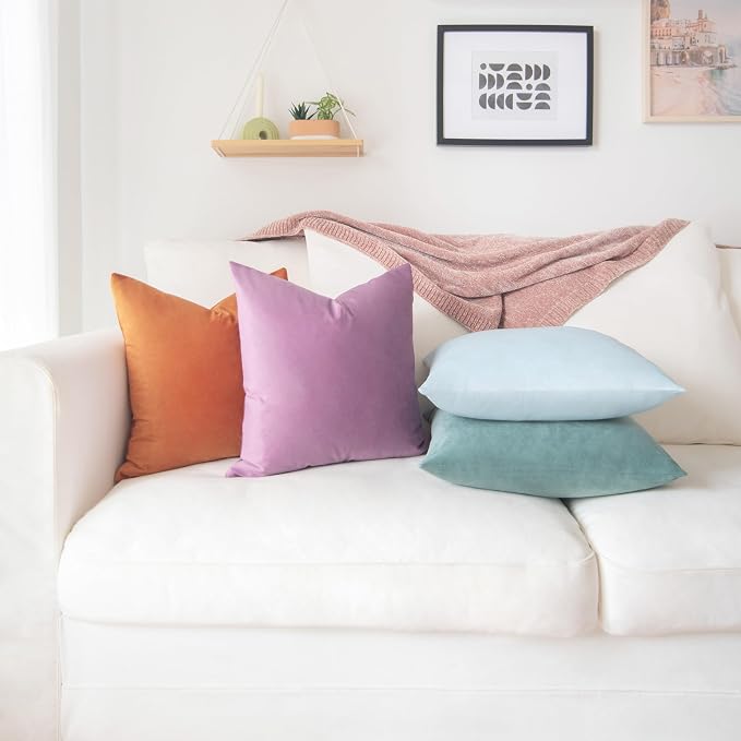 MONDAY MOOSE Decorative Throw Pillow Covers Cushion Cases, Set of 4 Soft Velvet Modern Designs, Mix and Match for Home Decor, Pillow Inserts Not Included (18x18 inch, Purple/Teal)