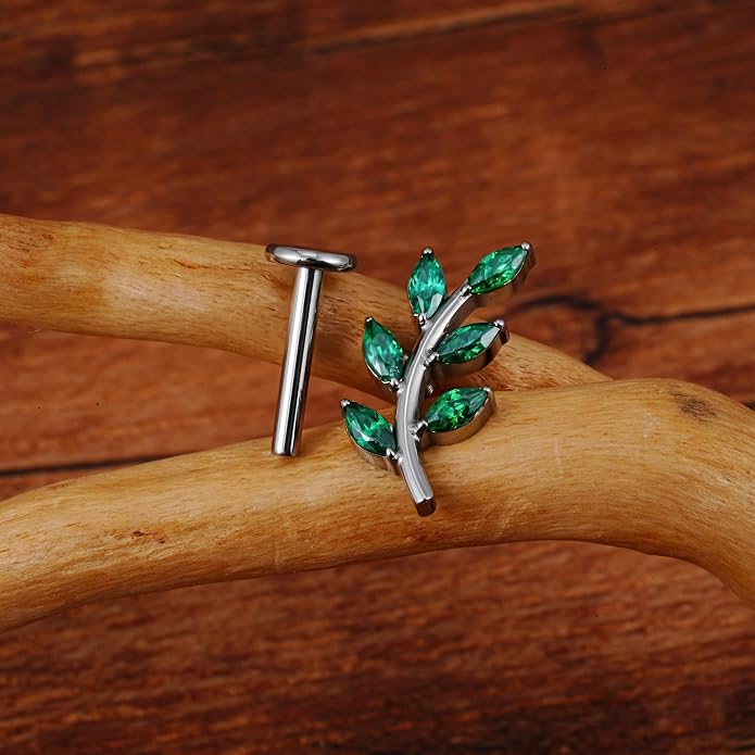FINE4U 1PC Leaf Flat Back Stud Flat, Helix, Conch, Tragus 6mm 8mm - ASTM F136 Titanium Screw on Body Piercing Jewelry
