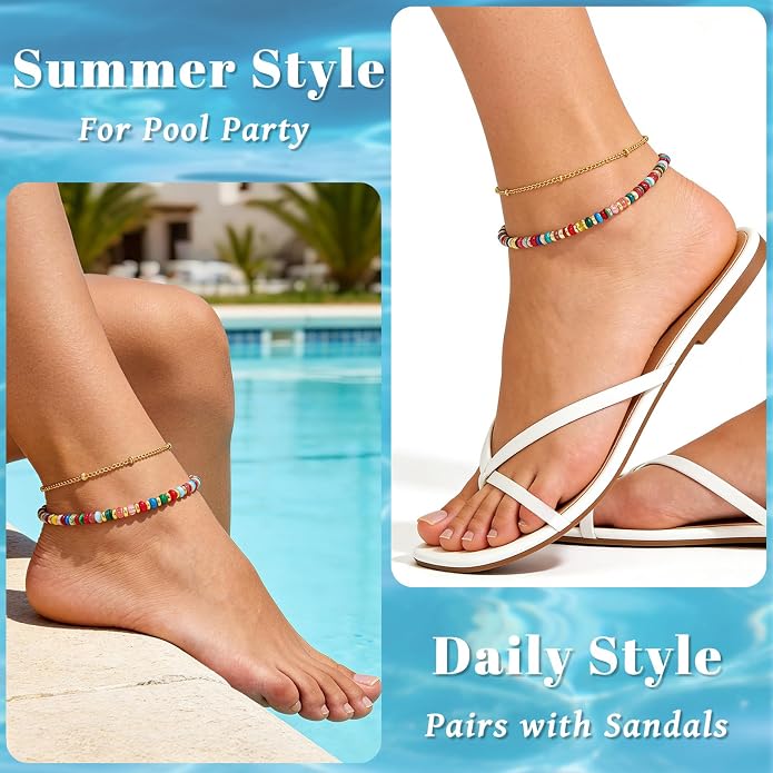 Ankle Bracelet for Women Natural Stone Colorful Beaded Boho Layered Anklet 14K Gold Plated Adjustable Beads Chain 2Pcs Anklets Set Handmade Summer Beach Jewelry
