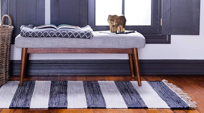 Unique Loom Chindi Rag Collection Area Rug - Striped (2' 7" x 6' 1" Runner, Navy Blue/ Ivory)