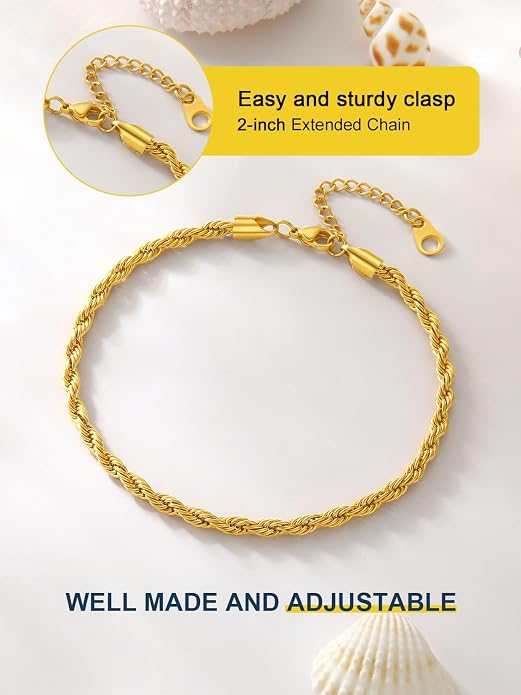 ChainsPro Resizable Anklet Chain for Women Men, Figaro/Wheat/Twist Rope/Cuban Foot Bracelet-Strong with Good Clasp-18K Gold Plated(Send Gift Box)