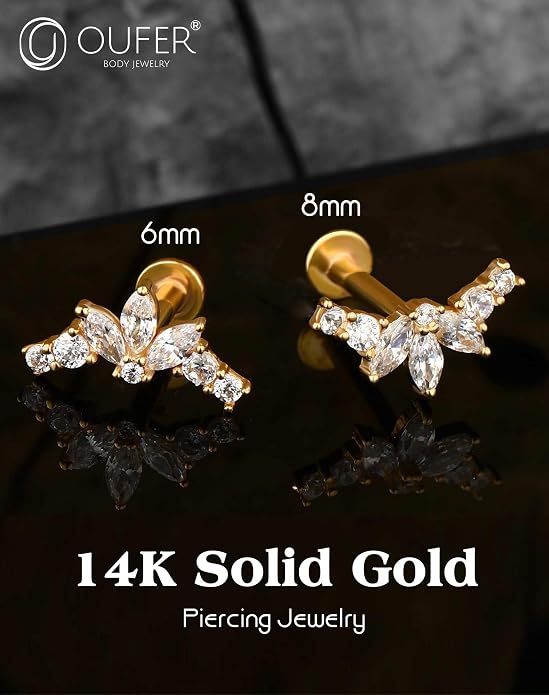OUFER Helix Piercing Jewelry, 14K Solid Gold Cartilage Earrings, Clear CZ Lip Rings, Flat Back Helix Earrings, Internally Threaded Tragus Conch Lobe Piercing Jewelry, Labret Jewelry