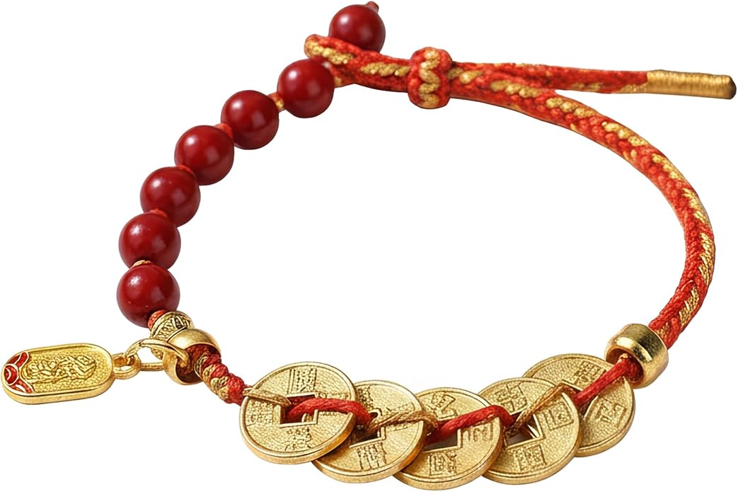 Feng Shui Cinnabar Bracelet - Five Emperor Coins Wealth Amulet - Red String Protection Jewelry for Women & Men - Good Luck Money Coin Beaded Adjustable Gift