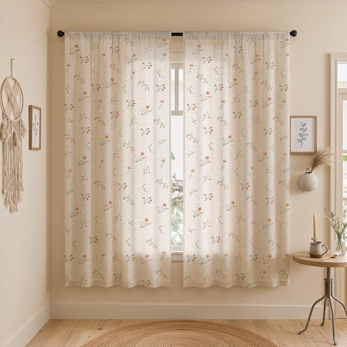 Floral Embroidered Linen Blend Curtains for Bedroom, 72 Inch Light Filtering Spring Farmhouse Vintage Drapes Beige Flower Window Treatments for Living Room Rod Pocket, Set of 2 Panels