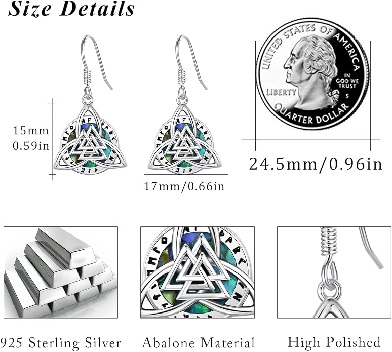CUOKA MIRACLE Viking Earrings for Women 925 Sterling Silver Abalone Shell Dangling Earrings Abalone Shell Viking Earring for Women Mom on Birthday Mother's Day Anniversary Christmas