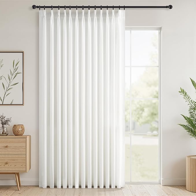 Topfinel 108 Inches Long Pinch Pleated Semi Sheer Curtains,White Linen Blended Light Filtering Window Curtains 108 Length for Living Room Bedroom Pinch Pleat Drapes with Hooks 1 Panels 72" Wx108 L