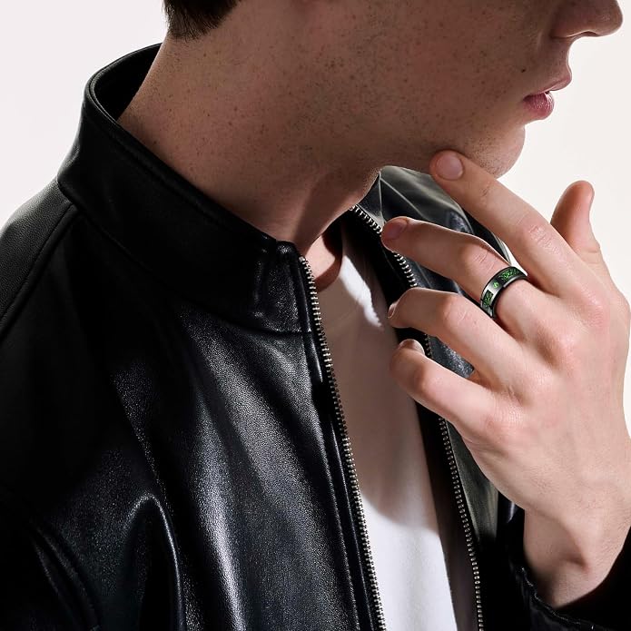 TUNGSTORY 8mm Black Celtic Dragon Tungsten Carbide Wedding Ring with Green Carbon Fiber and CZ Inlay Polished Finish Beveled Edge Size 6-16